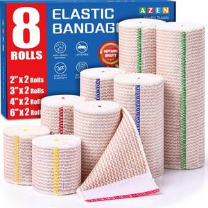 lot 12184 image: AZEN Premium 8 Pack Elastic Bandage Wrap (2x2, 2x3, 2x4, 2x6), Compression Wrap Bandage for Legs, Ankle, Knee, Tummy, Body, Latex-Free, Lymphedema Wraps for Legs (Missing Three)