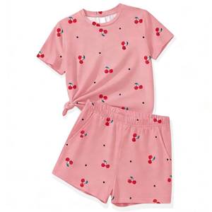 lot 12188 image: KIDLAGA Toddler Kid Girl Summer Outfit Short Sleeve T-Shirt  Casual Shorts Cherry Pattern Print Clothes Set 6-7 Years