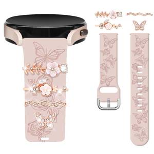 lot 12196 image: Watbro Floral Engraved Band and Decorative Rings Loops Compatible with Samsung Galaxy Watch 7FE654 Band with Charms,20mm Soft Silicone Sport Band for Garmin Vivoactive 5Vivoactive 3 Smart Watch