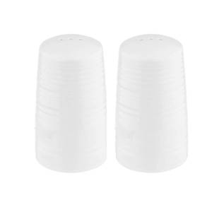 lot 12203 image: TableCraft 10413 Salt & Pepper Shaker Set, Pulito Collection, 1.25 oz, 2 Dia x 3.375 H, White Melamine with Textured Finish, Dishwasher Safe