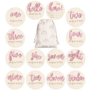 lot 12236 image: Burbell 7 Pack 3D Baby Monthly Milestone Card Signs Baby Announcement Sign Double Sided Hello World Newborn Signs Wooden Circles Discs for Welcome Newborn Boy Girl Photo Props(Pink,Letter) (Only Seven)