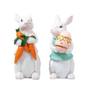 lot 12249 image: PEACELOVER Easter Bunny Figurines Hand Painted, Resin Bunny Statues Weather Resistant, 4.72�� Rabbit Statue Decor Tabletop Ornament Set of 2 with Carrots and Eggs(White Set)