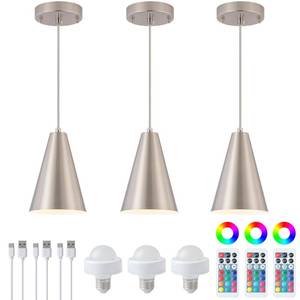 lot 13668 image: Dijiahua Brushed Nickel Battery Operated Pendant Lights Kitchen Island 3 Pack with Remote Control,Modern Wireless Rechargeable RGB Color Temperatures Hanging Lamp Fixtures with Silver Metal Shade