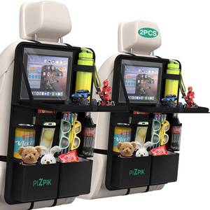 lot 13672 image: Plzpik Car Backseat Organizer with Tablet Holder,11 Storage Pockets with Foldable Food Tray, Protector Kick Mats for Kids, Travel Accessories Organizer (Black, 2Pack with Food Tray)