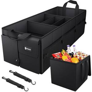 lot 13676 image: Sposuit Trunk Organizer with Insulated Leakproof Cooler Bag, 98L Collapsible Car Storage Large Trunk Organizer for Car SUV Van with Removable Dividers & Adjustable Securing Straps