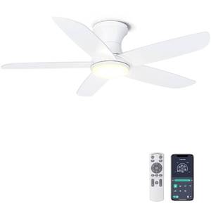 lot 13684 image: Ohniyou 46 Ceiling Fan with Lights, Low Profile Ceiling Fans RemoteAPP Control - Dimmable, Silent DC Motor, Indoor Ceiling Fan for Bedroom Kitchen, White