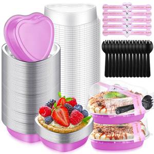 lot 13687 image: Yinkin 50 Sets 9 oz Valentines Day Baking Supplies Heart Shaped Cake Pans, 5.4 Heart Aluminum Foil Cupcake Pan with Lid Spoon Sealing Sticker Disposable Dessert Tin for Wedding Birthday Party(Pink)