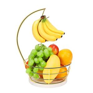 lot 13690 image: Livabber Countertop Fruit Basket Bowl with Banana Hanger, Modern Standing Fruit Vegetable Bowl Storage, with Banana Tree Holder for Kitchen Dinning Table (Round Marble, Gold)