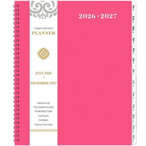 lot 14077 image: 2026-2027 Monthly Planner - PlannerCalendar 2026-2027, Jul 2026 - DEC 2027, 9 x 11, 18 Monthly Planners with Tabs, Pocket, Label, Contacts and Passwords, Twin-Wire Binding- Rose Red