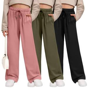 lot 14081 image: LessonZoo 3 Pack Girls Sweatpants Wide Leg Drawstring Casual Kids Joggers Open Bottom Loose Solid Teen Pants with Pockets(Army Green, Coral Pink, Black,Small)