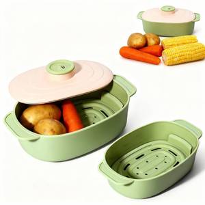 lot 14091 image: 44oz Microwave-Safe Silicone Steamer Bowl with Handle & Lid,9.8x5.7x4in Large BPA-Free Steamer with Removable Rack, Rotating Steam Vent, Freezer & Dishwasher Safe, Ideal for Vegetables, Fish Cooking