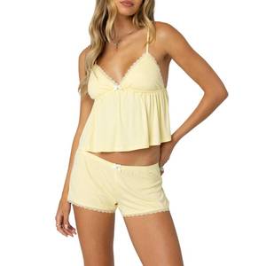 lot 14103 image: XBTCLXEBCO Lace Pajama Sets for Women 2 Piece Sexy Sleeveless Cami Tank Top and Shorts Pj Set Y2K Matching Lounge Sleepwear (Lace Yellow, L)