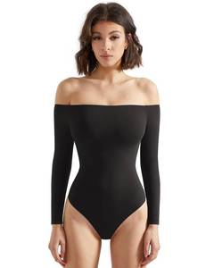lot 14112 image: SUUKSESS Women Off the Shoulder Long Sleeve Bodysuit Top Double Lined Sexy Thong Bodysuits Shirts (Black,S)