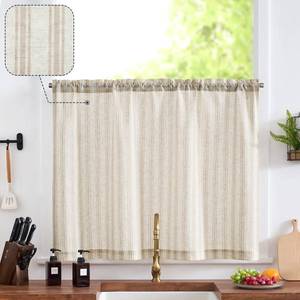 lot 14396 image: jinchan Kitchen Linen Tier Curtain Striped Cafe 36 Inch Stripe Small Window Balanced Stripe Curtain Light Filtering Farmhouse for Bathroom Laundry RV 1 Panel Taupe on Beige