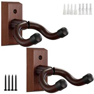 lot 14407 image: KKG 2 Pack Guitar Brown Wall Mount, Solid Wood U-Shaped Guitar Hanger for Acoustic, Electric Guitar, Banjo, Bass - Guitar Holder Hook Stand Wall Mount for Guitar Player