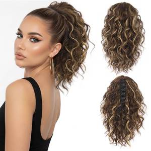 lot 14412 image: 12 Inch Curly Ponytail Extension - Clip in Ponytail Hair Extensions, Natural Claw Clip Ponytail Extension, Synthetic Clip on Ponytails for Women (Color Chestnut Brown with Blonde Highlights)
