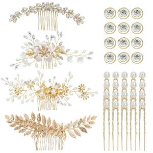 lot 14456 image: inSowni 36 Pack Gold Flower Leaf Bridal Wedding Hair Side CombsU-shaped Pearl Hair PinsSpiral Rhinestone Hair Clips Barrettes Prom Headpieces Hair Accessories for Brides Bridesmaids Women Girls