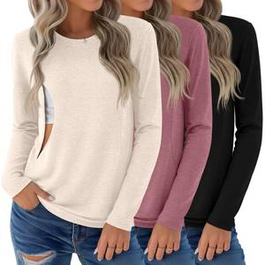 lot 14471 image: Sweetyweee 3 Pack Nursing Tops for Breastfeeding Maternity Shirts Zipper Long Sleeve Round Neck Knit Casual Nursing Clothes(Apricot, Gray Pink, Black,Small)