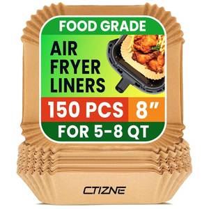 lot 14480 image: Air Fryer Liners Disposable, 150Pcs 8 Square Food Grade Material Unbleached Parchment Paper Liners Non-Stick & Waterproof Oilproof for 5-8 QT Airfryer Basket, Baking, Roasting Microwave, Oven