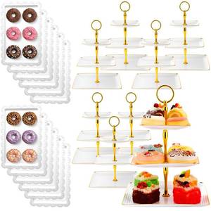 lot 17736 image: Teenyyou 20 Pack Dessert Table Display Set 8 Pcs 3 Tiered Cupcake Stand with Gold Edges 12 Pcs White Dessert Serving Tray for Wedding Birthday Tea Party Decorations(Square)
