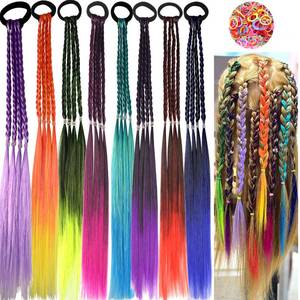 lot 18362 image: Childrens colorful braided hair extensions, rubber band rainbow braided synthetic hair patches, ponytail girl hair accessories, party highlights, colorful hair styling (8PCS D Style)
