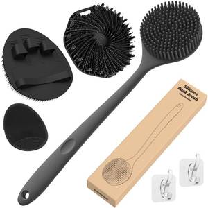 lot 18363 image: Manmihealth Silicone Back Scrubber & Soft Bath Glove Set 4 PCS(Thick Bristles), Super-Exfoliating Body Scrubber & Super-Lathering Shower Brush Combination, with 2 Adhesive Hooks (Black)