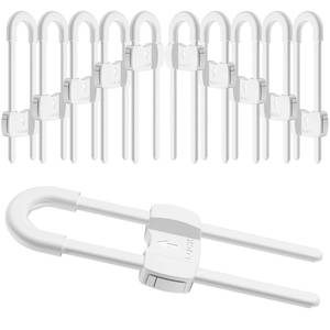 lot 18377 image: (10 pack white) 4 button Cabinet Locks, U-Shaped Proofing Drawers Safety Child Locks Adjustable, for Wardrobe,Kitchen,Bathroom,Drawer,Fridge,Cupboard Doors Knobs & Handles