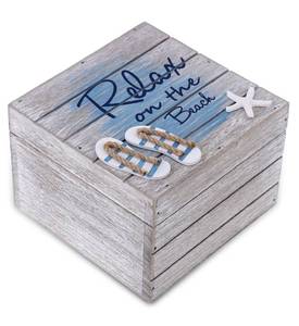 lot 19368 image: CoTa Global Aqua Sky Relax Wooden Box - Large Handcrafted Nautical Trinket with Sandals and Starfish Decoration, Accent Tabletop Home Decor, Beach Jewelry Store Organizer