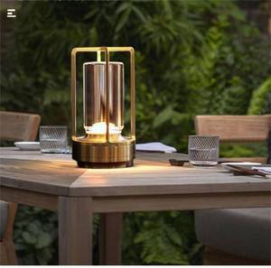 lot 19370 image: Portable Metal Table Lamp for IndoorOutdoor ,Rechargeable Cordless LED Lamp, 3-Colour Infinitely Dimming Battery Powered Small Desk Lamp, RestaurantBedroomBarCoffee ShopCamping Light (Gold)