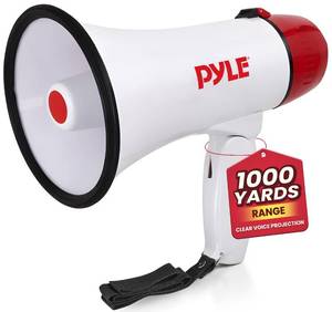 lot 19376 image: Pyle 20W Megaphone Bullhorn - 5.4 x 8.6 Portable Megaphone, Projection Range 1000 Sq. Yards, Voice Talking & Siren Alert, Shoulder Strap, Battery Operated, (White)