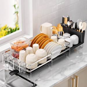 lot 19382 image: Delamu Stainless Steel Dish Drying Rack, Expandable Dish Drainer, Anti-Rust Large Dish Racks for Kitchen Counter, Dish Strainers with Drainboard, Utensil Holder & Cup Holder, 13.4-28.7 L x 11.8 W