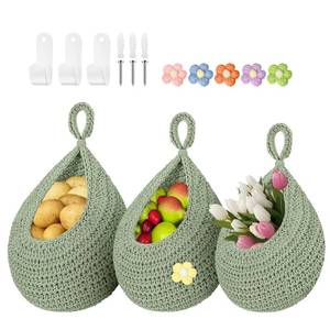 lot 19383 image: Linchiey Boho Hanging Fruit Baskets for Kitchen with Hooks and Deco Flowers, 3 Pack handwoven Cotton hanging basket, Wall Basket for Vegetable Potato Onion Home Produce Storage (green)