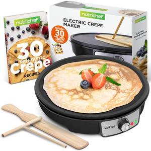 lot 19399 image: Nutrichef Electric Crepe Maker Pan & Griddle  12 Inch Nonstick Cooktop  LED Indicators & Adjustable Temperature Control  Includes Spatula, Batter Spreader  Cooks Crepes, Roti & Pancakes
