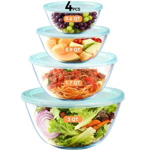 lot 19443 image: YUANYE 4 Pack Glass Mixing Bowls with Lids Set (31.70.90.6QT),Thick Glass Large Salad Bowl Set, Nesting Kitchen Bowls for Serving, Prepping, Cooking and Baking, Dishwasher, Oven,Microwave Safe