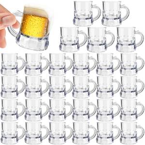 lot 19452 image: Irrmshr 30 Pcs Mini Plastic Beer Mugs, 1 oz Clear Plastic Shot Glasses with Handles, Reusable Beer Stein Tasting Glasses for Drinking, Festival, Party, BBQ