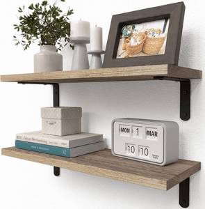 lot 19457 image: RICHER HOUSE Rustic Wood Shelves Set of 2, Farmhouse Style Floating Shelf for Wall D�cor, Hanging Shelves for Bathroom, Bedroom, Storage, Kitchen, Living Room - Carbonized Black