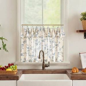 lot 20298 image: jinchan Floral Linen Kitchen Curtains with Attached Valance 24 Inch Length Farmhouse Cafe Tier Curtains for Living Room Bathroom Rustic Half Window Light Filtering Small Drapes 2 Panels Blue