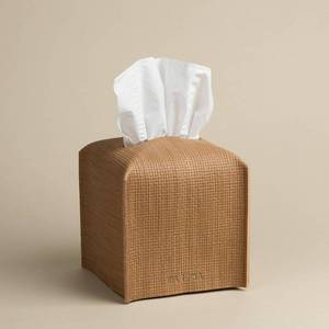 lot 20318 image: OLETHA Square Tissue Box Cover - Aesthetic Desk Decor for Room, Home & Office - Tissues Cube Boxes Holder - Raffia Embossing, Wheat