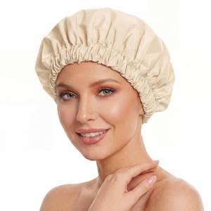 lot 20347 image: Reusable Shower Cap for Women, Stylish Large Waterproof Shower Bonnet Washable Wide Elastic Band Hair Cap for Long Hair, Braids Bath Hat(Champagne)