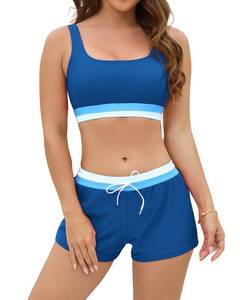 lot 20371 image: Cromi Women Two Piece Athletic Swimsuits, High Waisted Bikini Set Sporty Crop Top with Boy Shorts Bathing Suits for Teen Girls Navy Blue L