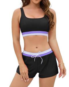 lot 20374 image: Cromi Women Two Piece Athletic Swimsuits, High Waisted Bikini Set Sporty Crop Top with Boy Shorts Bathing Suits for Teen Girls Black L