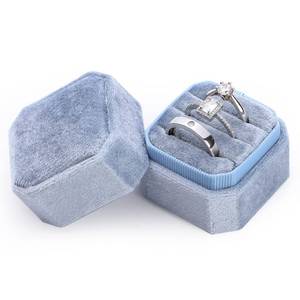 lot 20387 image: Sightor Velvet Ring Box, Octagon Velvet Jewelry Ring Box Storage 3 Slots Ring Holder Box for Proposal, Engagement, Wedding Ceremony (Blue)