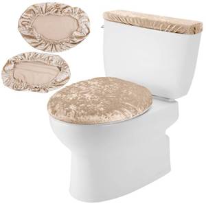lot 20388 image: KINCHYGO, Stretch Velvet Toilet Lid Cover and Tank Lid Cover Set With Elastic Bottom for Bathroom Decor (Champagne)