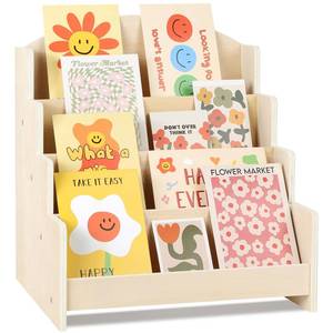 lot 1729 image: VOGGV Greeting Card Display Stand Holder - 4-Tier Wooden Organizer Rack for Postcards, Stickers, Bookmarks & Tabletop Book Display, Sturdy Card Display Shelf for Retail or Home