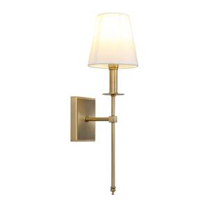 lot 1741 image: PERMO Single Classic Rustic Industrial Wall Sconce Lighting Fixture with Flared White Textile Lamp Shade and Antique Brass Tapered Column Stand, Hardwired, E26 Base