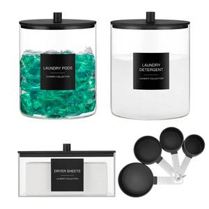 lot 1749 image: 3 Pack Glass Jars and Acrylic Dryer Sheet Holder, Laundry Pods Container with Bamboo Lid and Measuring Cups for Laundry Room Organization, Powder Detergent Containers (Black)