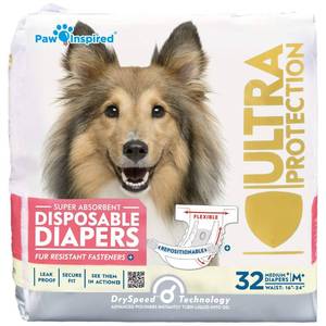 lot 2230 image: Paw Inspired 32ct Disposable Dog Diapers  Female Dog Diapers Ultra Protection  Diapers for Dogs in Heat, Excitable Urination, or Incontinence (Medium Plus)