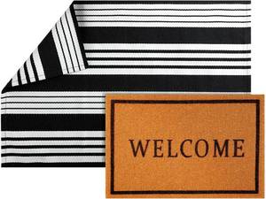 lot 3302 image: Maasechs 2 Pcs Welcome Doormat 24 x 35 Black White Stripes Outdoor Rug and 24 x 16 Coir Doormat Non Slip Layered Floor Mat for Outside Entrance Front Porch(Welcome)