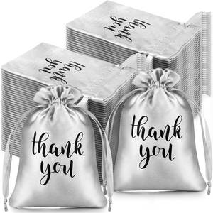 lot 3308 image: Roowest 100 Pcs Thank You Satin Gift Bags Drawstring Jewelry Candy Pouches for Wedding Bridal Shower Baby Shower Favor Drawstring Bag for Birthday Holiday Party(4 x 6 Inch,Silver)