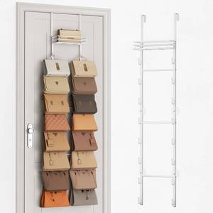 lot 3309 image: SWTYMIKI Over the Door Purse Organizer - Wall Mounted Handbag Organizer with 16 Hooks and Metal Basket, Hanging Purse Storage Rack Holds up to 16 Bags, Bag Rack Can Use As 12 Part, for Door, Closet